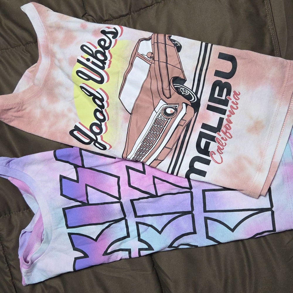 BUNDLE OF 2, Kiss Tie-Dye Shirts in Pink and Purple Malibu Print.